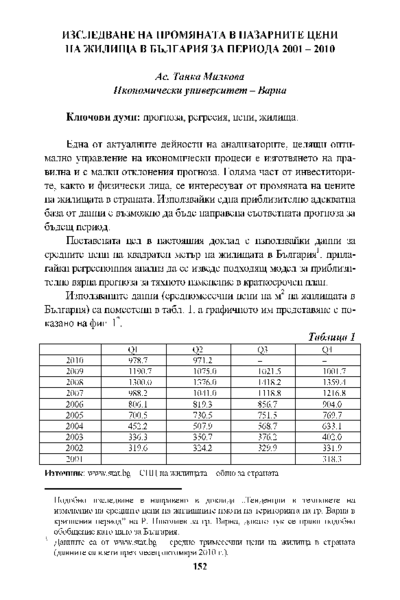 Изследване на промяната в пазарните цени на жилища в България за периода 2001 - 2010 [Research of Changes in Market Prices of Homes in Bulgaria for the Period 2001-2010]