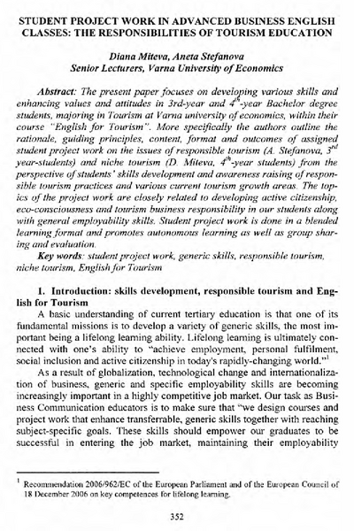 Student Project Work in Advanced Business English Classes: the Responsibilities of Tourism Education