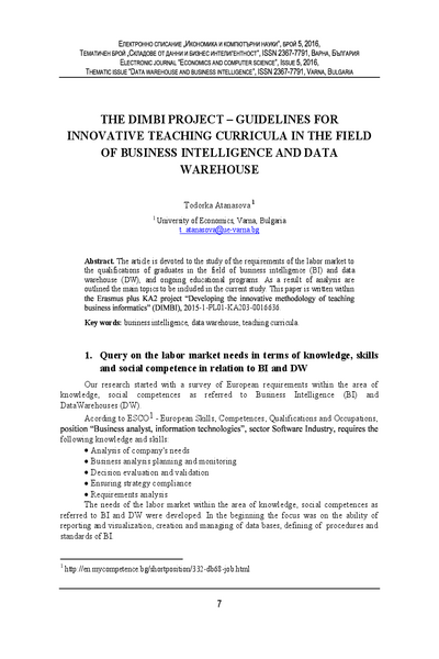 The DIMBI Project - Guidelines for Innovative Teaching Curricula in the Field of Business Intelligence and Data Warehouse