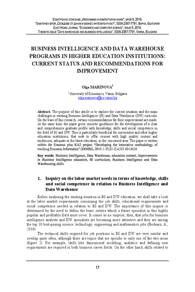 Business Intelligence and Data Warehouse Programs in Higher Education Institutions: Current Status and Recommendations for Improvement