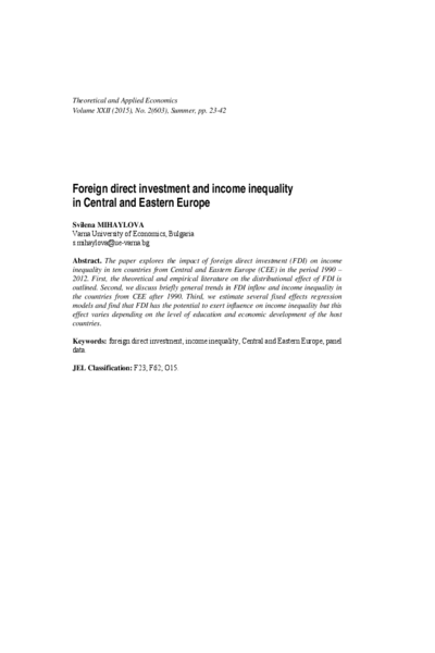 Foreign Direct Investment and Income Inequality in Central and Eastern Europe