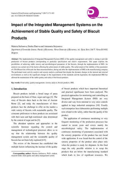 Impact of the Integrated Management Systems on the Achievement of Stable Quality and Safety of Biscuit Products
