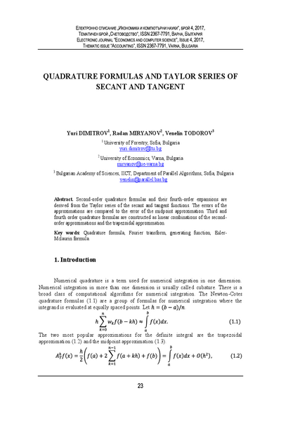 Quadrature Formulas and Taylor Series of Secant and Tangent