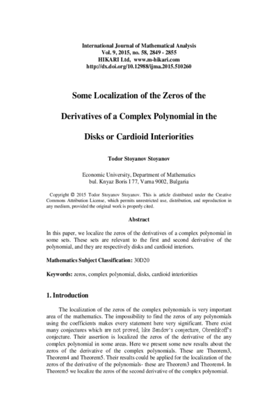 Some Localization of the Zeros of the Derivatives of a Complex Polynomial in the Disks or Cardioid Interiorities