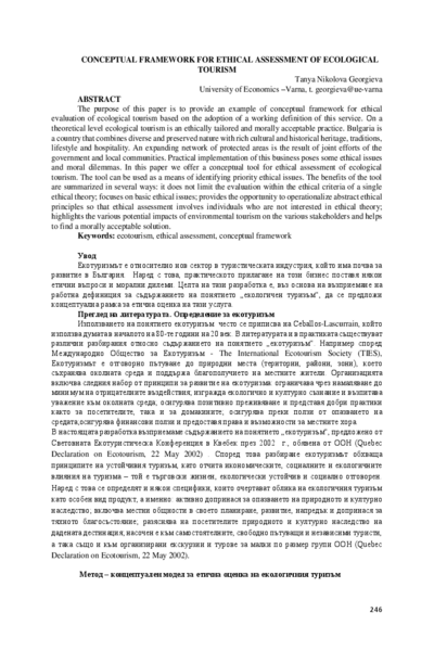 Conceptual Framework for Ethical Assessment of Ecological Tourism