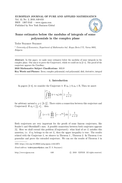 Some Estimates below the Modulus of Integrals of Some Polynomials in the Complex Plane