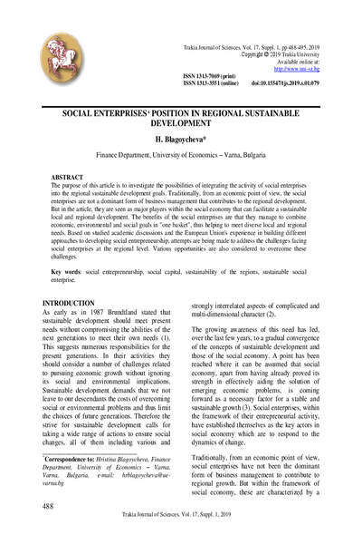 Social Enterprises‘ Position in Regional Sustainable Development