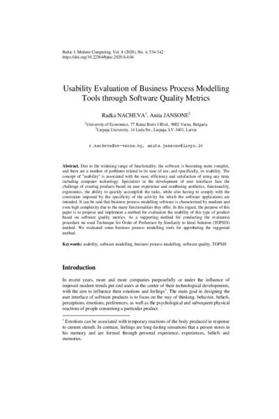 Usability Evaluation of Business Process Modelling Tools through Software Quality Metrics