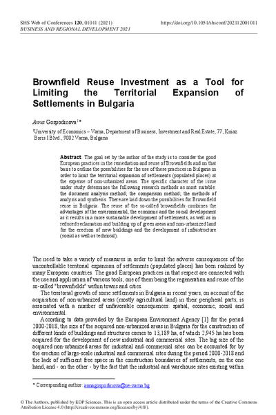 Brownfield Reuse Investment as a Tool for Limiting the Territorial Expansion of Settlements in Bulgaria