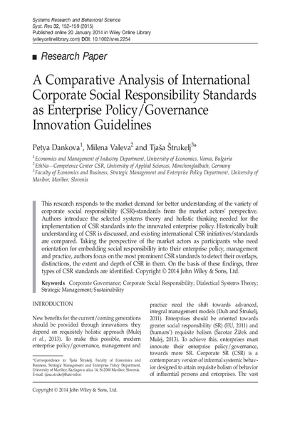 Comparative Analysis of International Corporate Social Responsibility Standards as Enterprise Policy / Governance Innovation Guidelines