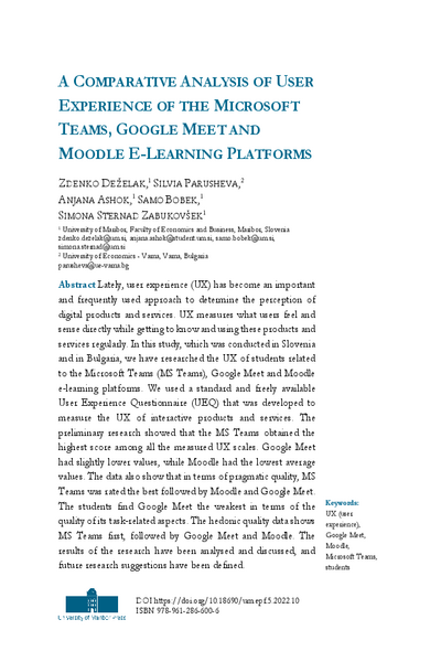 A Comparative Analysis of User Experience of the Microsoft Teams, Google Meet and Moodle E-Learning Platforms