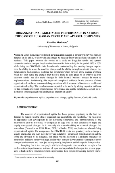 Organizational Agility and Performance in a Crisis: The Case of Bulgarian Textile and Apparel Companies