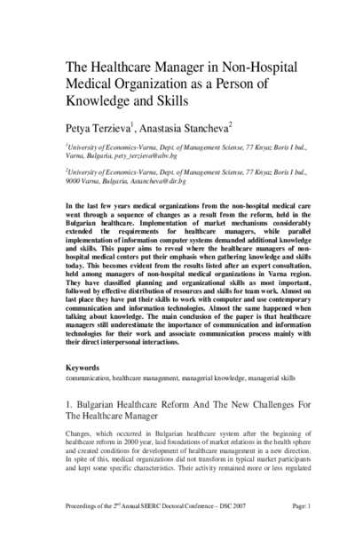 The Healthcare Manager in Non-Hospital Medical Organization as a Person of Knowledge and Skills