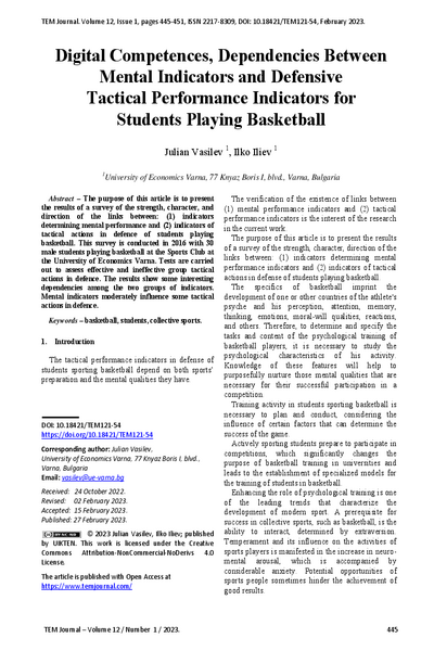Digital Competences, Dependencies Between Mental Indicators and Defensive Tactical Performance Indicators for Students Playing Basketball