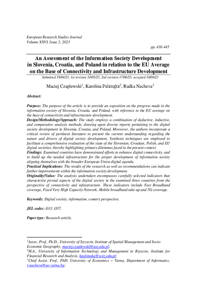 An Assessment of the Information Society Development in Slovenia, Croatia, and Poland in Relation to the EU Average on the Base of Connectivity and Infrastructure Development