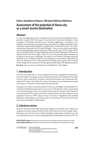 Assessment of the Potential of Varna City as a Smart Tourist Destination