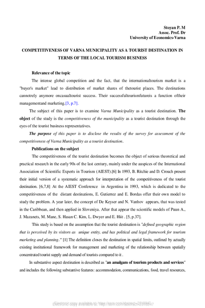 Competitiveness of Varna Municipality as a Tourist Destination in Terms of the Local Tourism Business