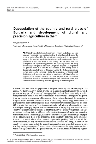 Depopulation of the Country and Rural Areas of Bulgaria and Development of Digital and Precision Agriculture in Them