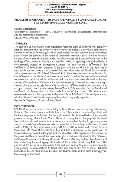 Problems in Choosing the Most Appropriate Functional form of the Regression Model Using MS Excel