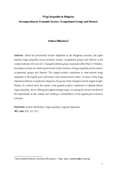 Wage Inequality in Bulgaria: Decomposition by Economic Sectors, Occupational Groups and Districts