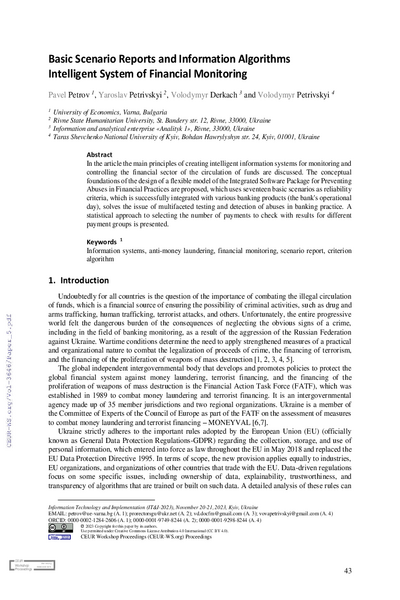 Basic Scenario Reports and Information Algorithms Intelligent System of Financial Monitoring