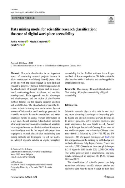 Data Mining Model for Scientific Research Classification: the Case of Digital Workplace Accessibility