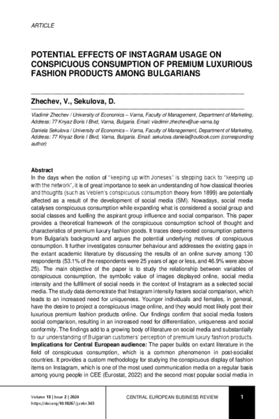 Potential Effects of Instagram Usage on Conspicuous Consumption of Premium Luxurious Fashion Products among Bulgarians