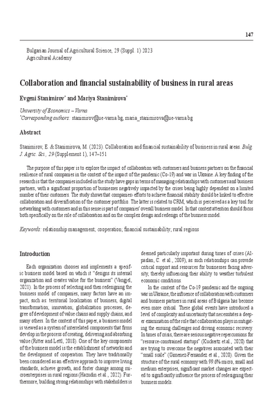 Collaboration and Financial Sustainability of Business in Rural Areas