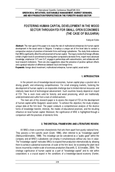 Fostering Human Capital Development in the Wood Sector Through FDI for Small Open Economies (The Case of Bulgaria)