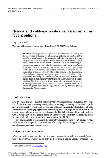 Quince and Cabbage Wastes Valorization: Some Recent Options