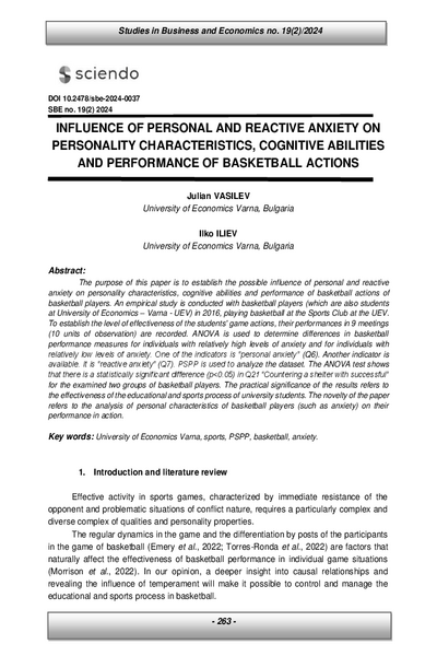 Influence of Personal and Reactive Anxiety on Personality Characteristics, Cognitive Abilities and Performance of Basketball Actions