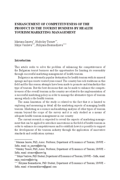 Enhancement of Competitiveness of the Product in the Tourist Business by Health Tourism Marketing Management