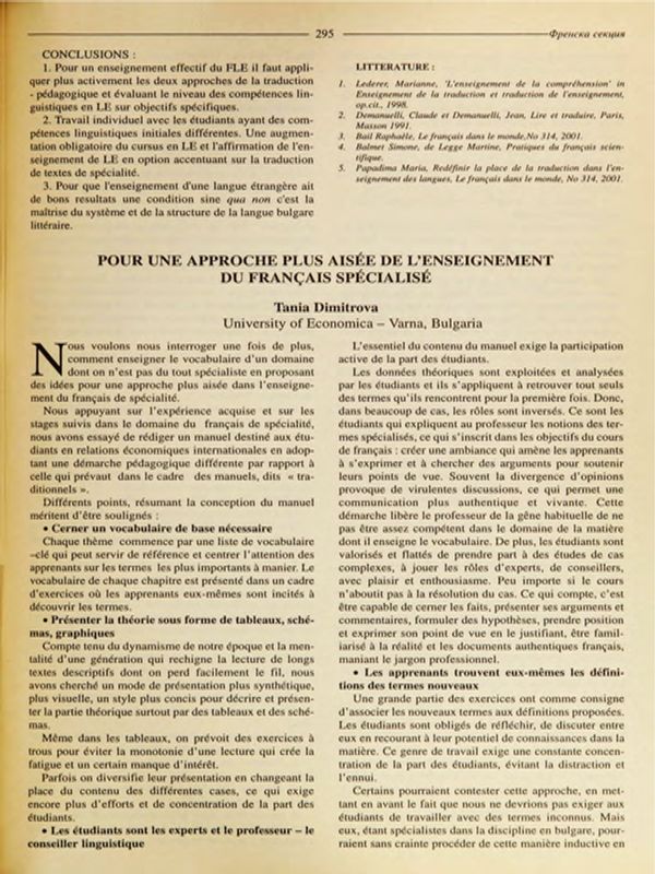 Pour une approche plus aisee de l'enseignement du francais specialise