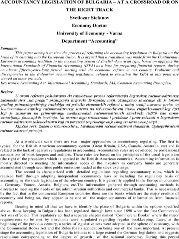Accountancy Legislation of Bulgaria - at a Crossroad or on the Right Track