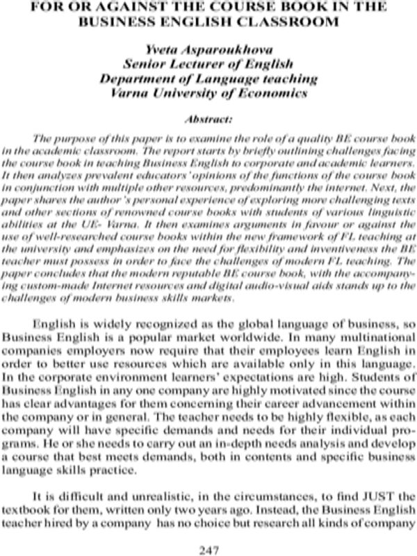 For or against the Course Book in the Business English Classroom