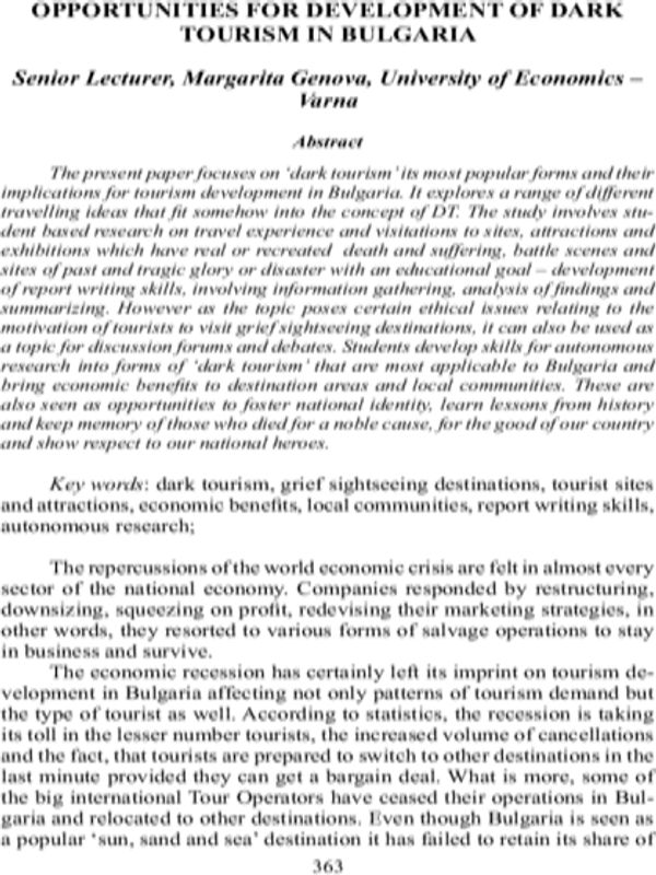 Opportunities for Development of Dark Tourism in Bulgaria