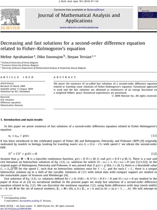 Decreasing and Fast Solutions for a Second-order Difference Equation Related to Fisher-Kolmogorov's Equation