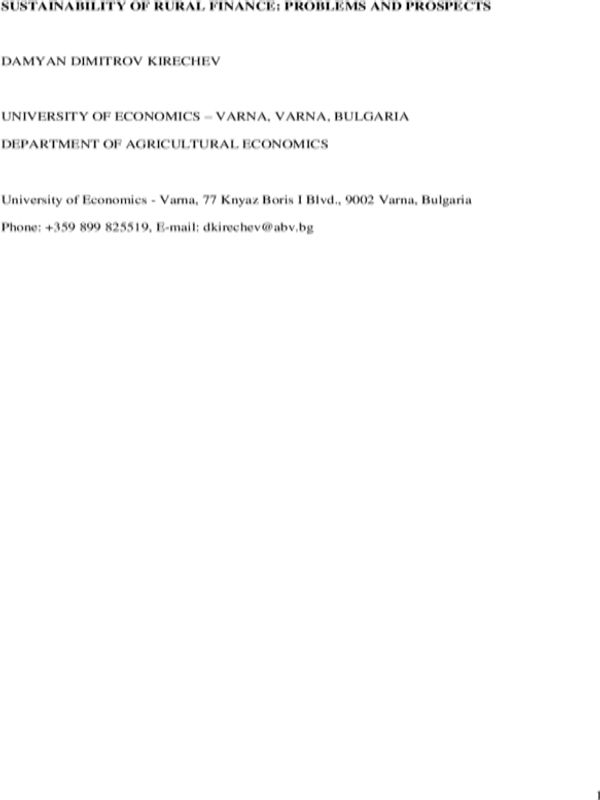 Sustainability of Rural Finance: Problems and Prospects