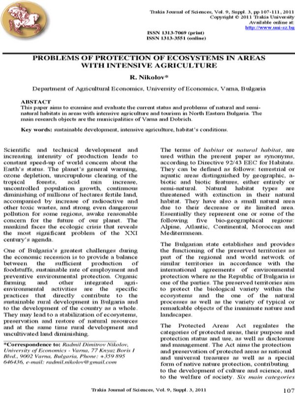 Problems of Protection of Ecosystems in Areas With Intensive Agriculture
