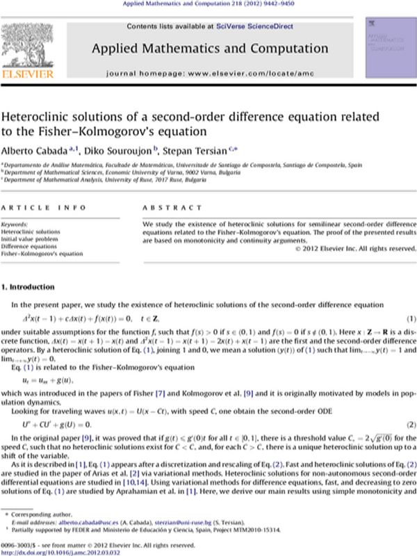 Heteroclinic Solution of a Second-order Difference Equation Related to the Fisher-Kolmogorov's Equation