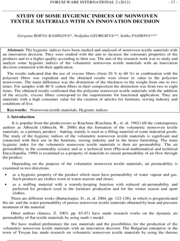 Study of some Hygienic Indices of Nonwoven Textile Materials Witn an Innovation Decision