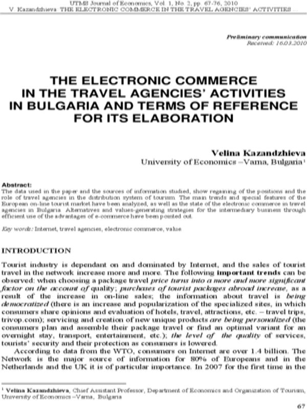 The Electronic Commerce in the Travel Agencies' Activities in Bulgaria and Terms of Reference for its Elaboration