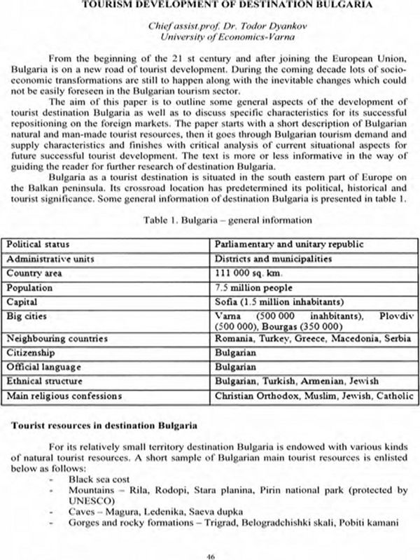 Tourism Development of Destination Bulgaria