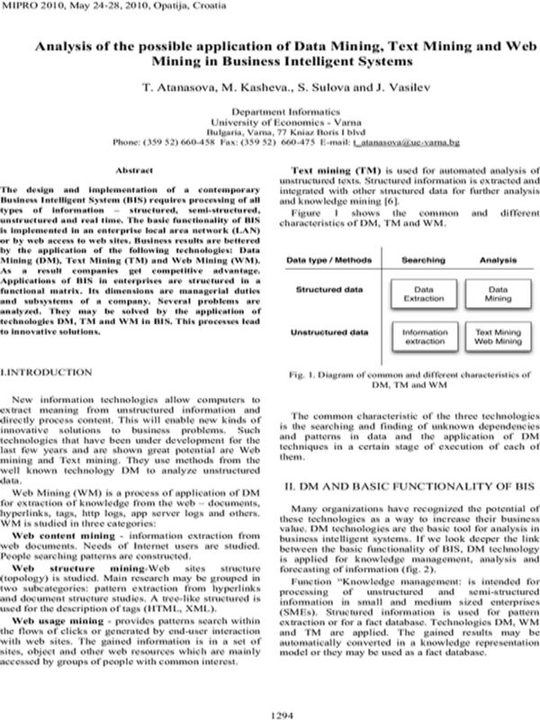 Analysis of the Possible Application of Data Mining, Text Mining and Web Mining in Business Intelligent Systems