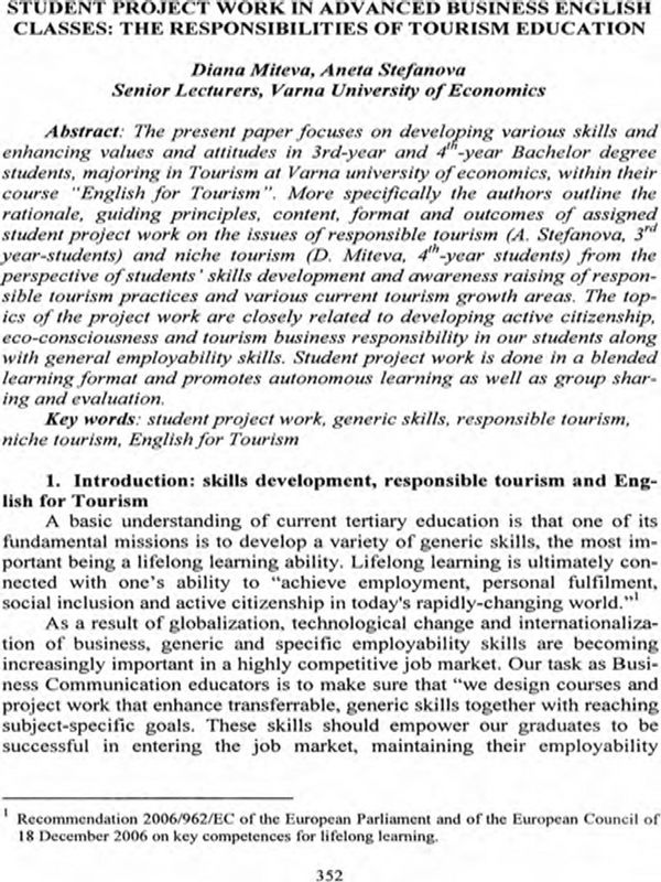 Student Project Work in Advanced Business English Classes: the Responsibilities of Tourism Education