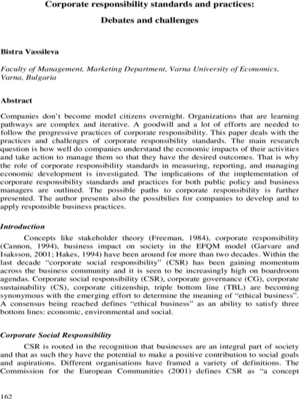 Corporate Responsibility Standards and Practices : Debates and Challenges