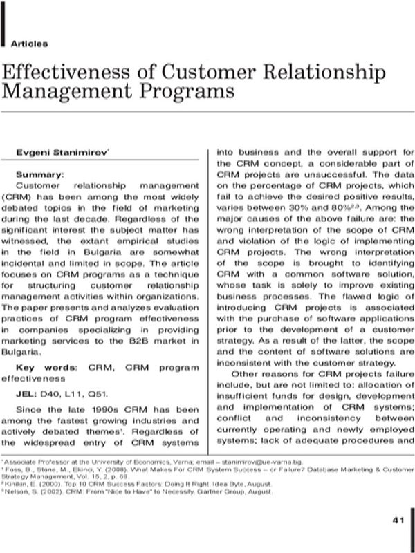 Effectiveness of Customer Relationship Management Programs