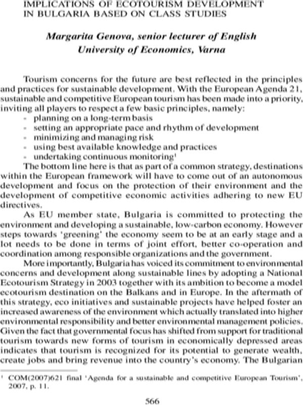Implications of Ecotourism Development in Bulgaria Based on Class Studies