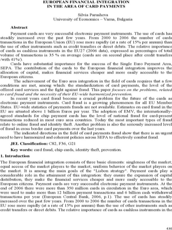 European Financial Integration in the Area of Card Payments