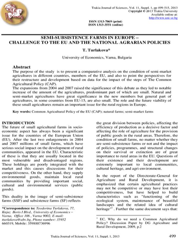 Semi-subsistence Farms in Europe - Challenge to the EU and The National Agrarian Policies